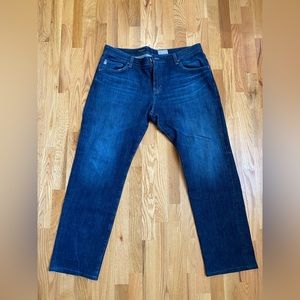 AG jeans 38 waist size and the inseem was tailored to 32 length.